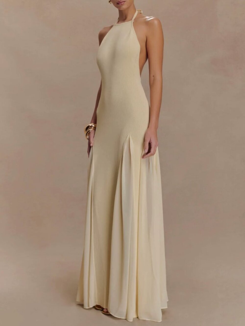 Meshki Soleil Knit And Mesh Halter Maxi Dress S/L Cream Wedding Event - Picture 6 of 10
